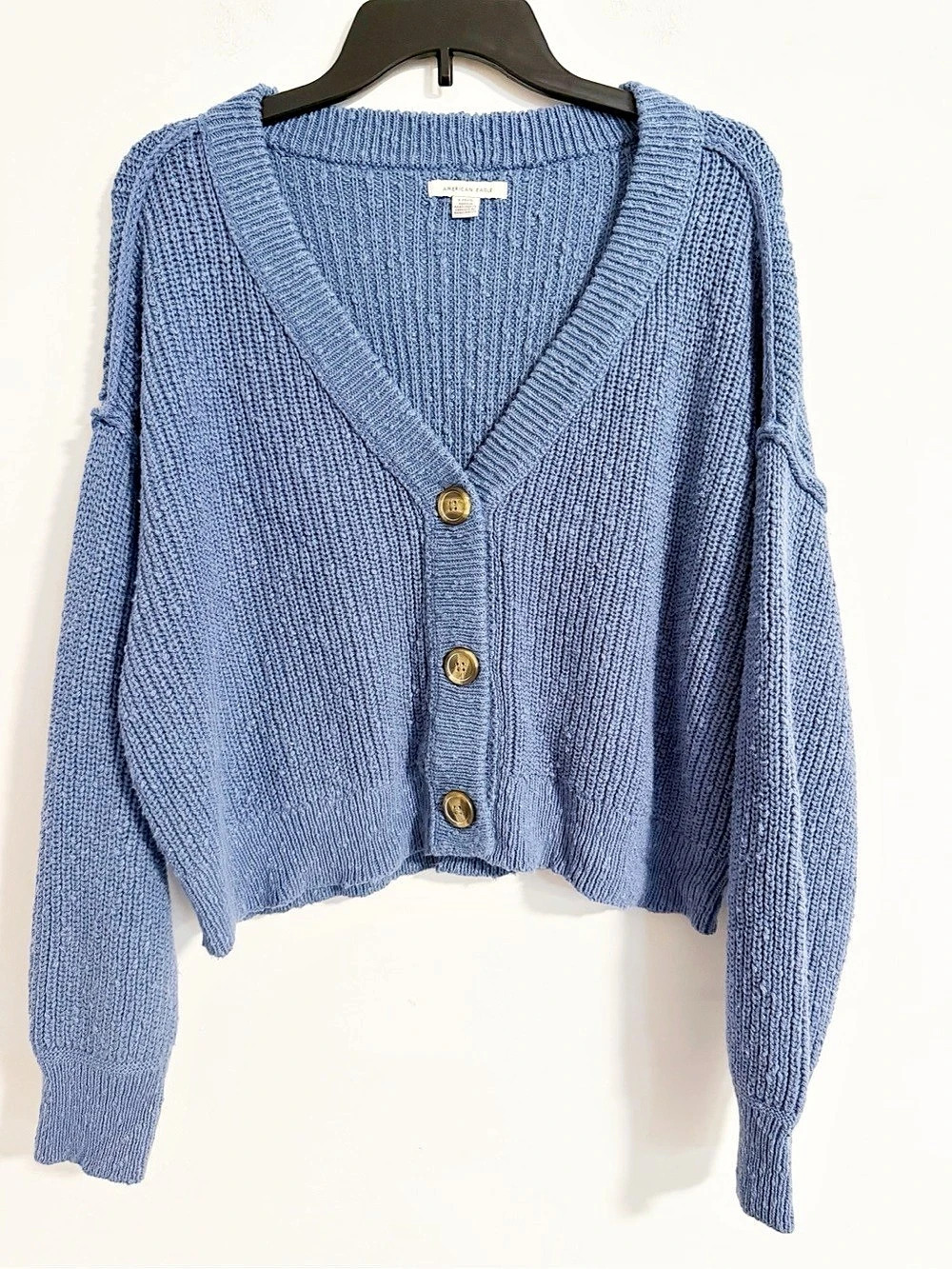 American Eagle Blue Chunky Knit V-Neck Button Front Cardigan Sweater Size L